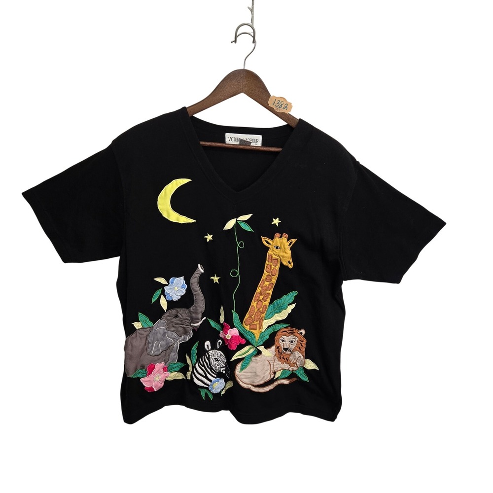 Vintage Victoria Harbour 80s Jungle Animal Applique T-Shirt Black XL‎ Teacher